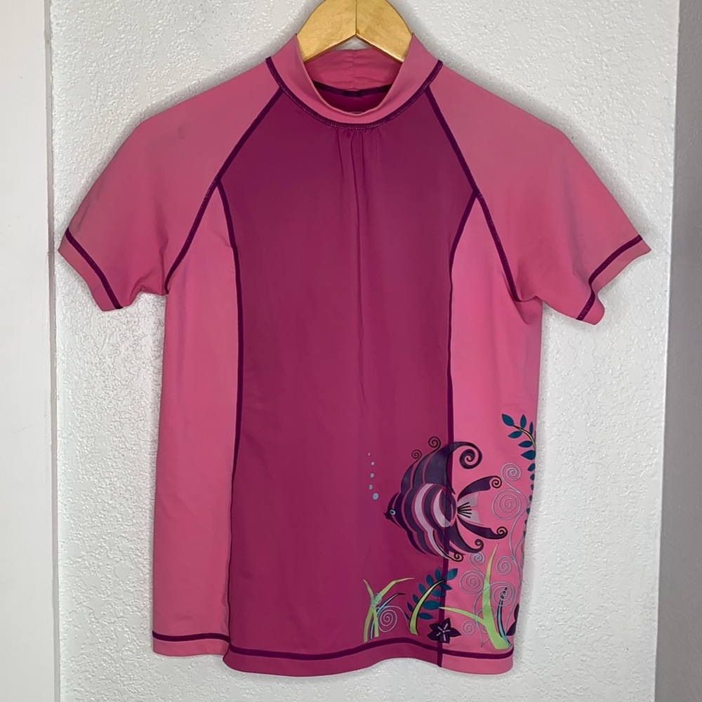 REI Kids XL Pink Fish Rash Guard Swim Top Short Sleeve UPF sun protection